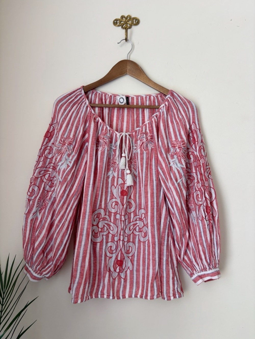 Akemi + Kin Red Striped Embroidered Linen Top Large Coastal Cowgirl